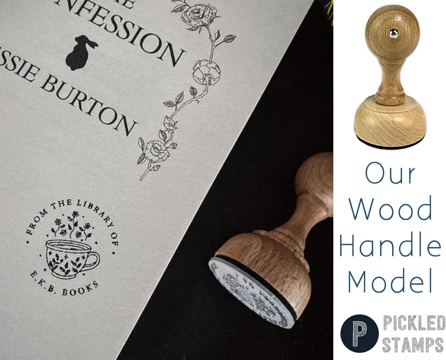 Personalized Book Stamp Wood Handle - JB-Floral7