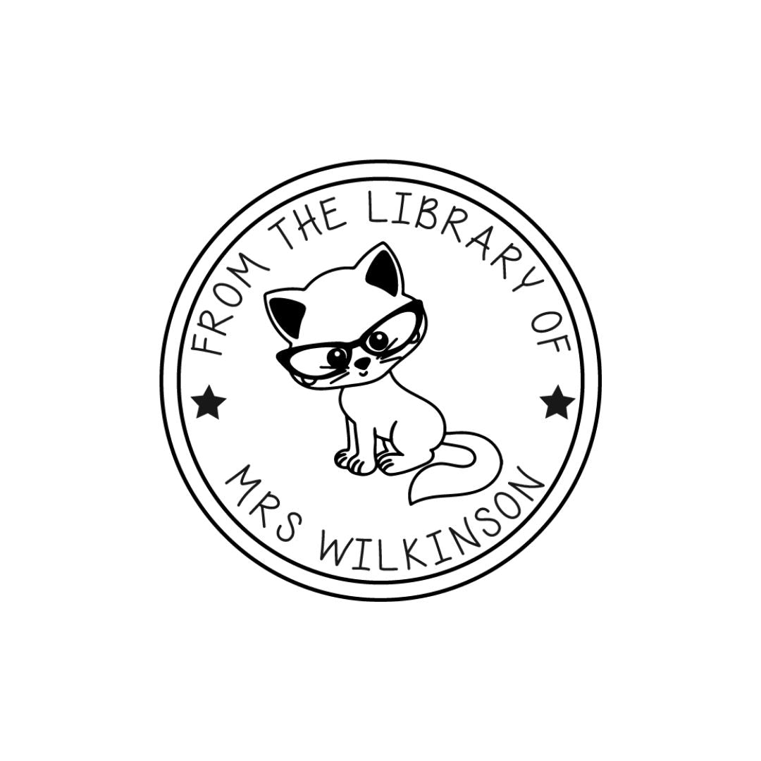 Cat Glasses Library Book Stamp