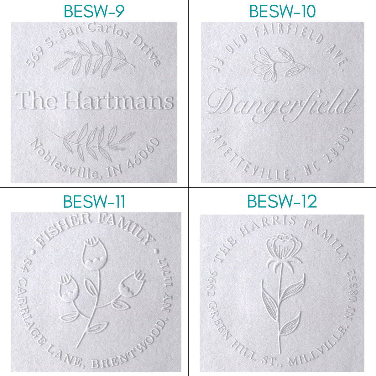 20 Designs! Return Address Embosser Seal Stamp Personalized Customized Monogram Wedding Invitations 1 5/8" x 1 5/8"